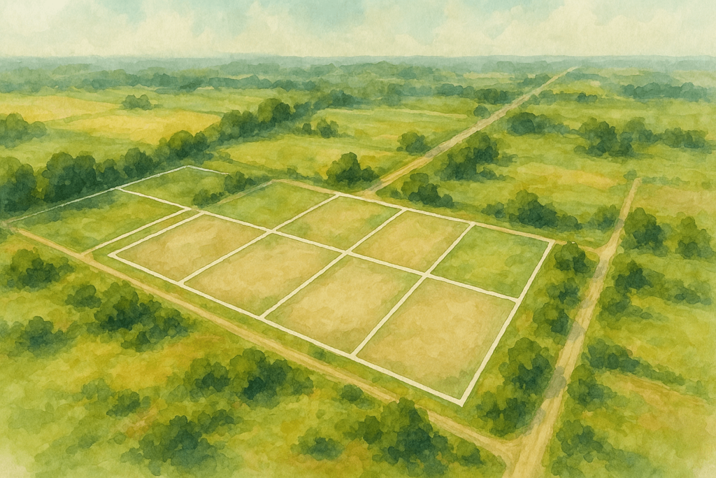 A watercolor painting of an aerial view of vacant land divided into outlined rectangular plots, hinting at future development.