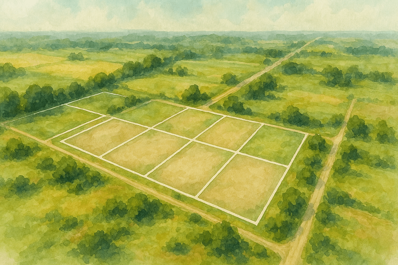 A watercolor painting of an aerial view of vacant land divided into outlined rectangular plots, hinting at future development.