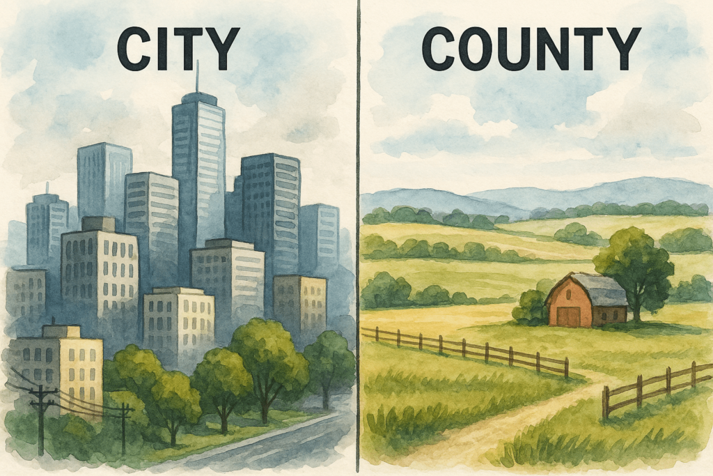 A watercolor illustration showing a bustling city skyline on the left and a quiet rural scene on the right, labeled “CITY” and “COUNTY.”