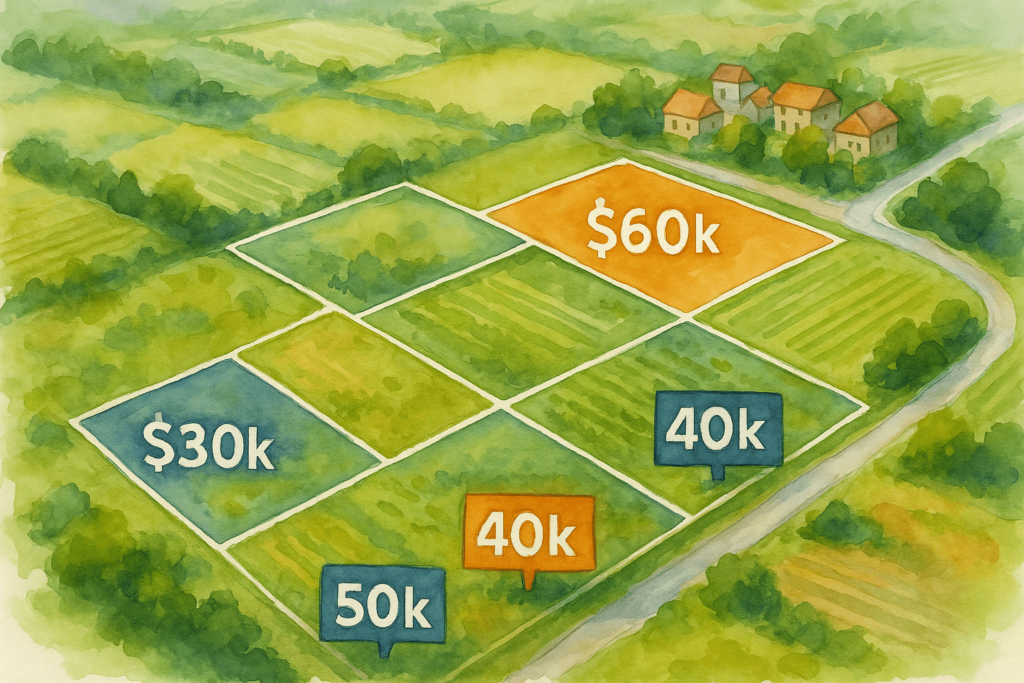 A map of land parcels labeled with different prices ($30k, $40k, $50k, $60k) to show comparable land sales.