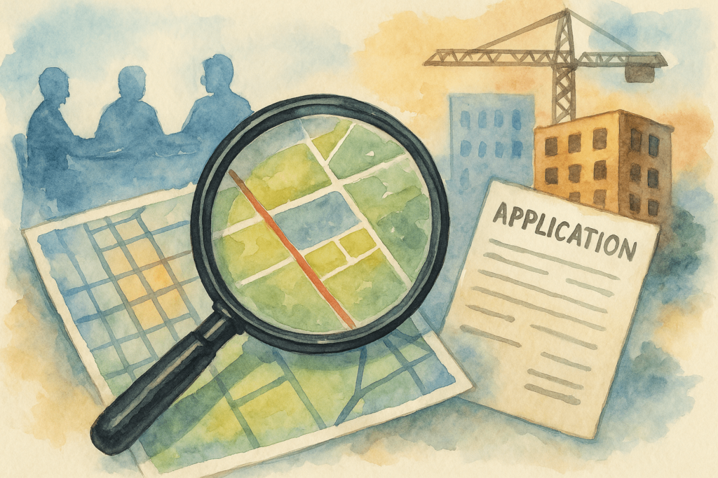 A magnifying glass over a zoning map with city planners in the background and a construction crane on the right, representing local developer research.