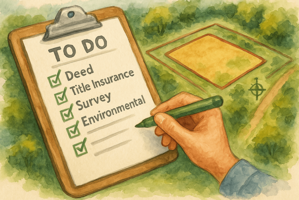 A hand holding a pencil over a to-do list with checkmarks for tasks like Deed, Title Insurance, and Survey, with a watercolor aerial map of land parcels in the background.