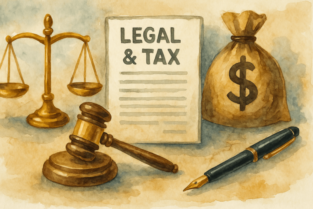 A balance scale with a law book on one side and dollar symbols on the other, symbolizing the balance between legal and tax considerations in land sales.