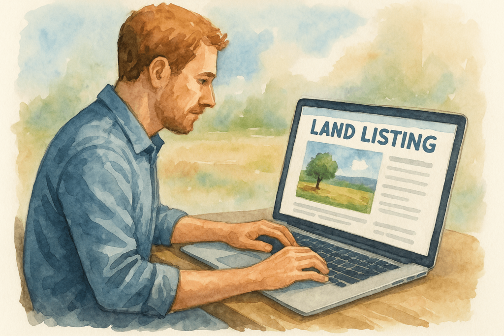 man on laptop creating listing to sell land