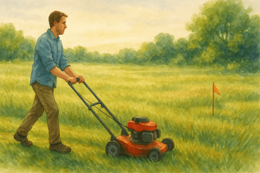 man pushing lawn mower