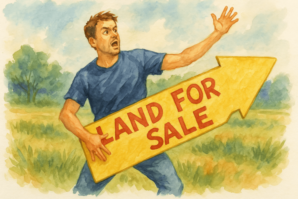 man holding sign that says land for sale