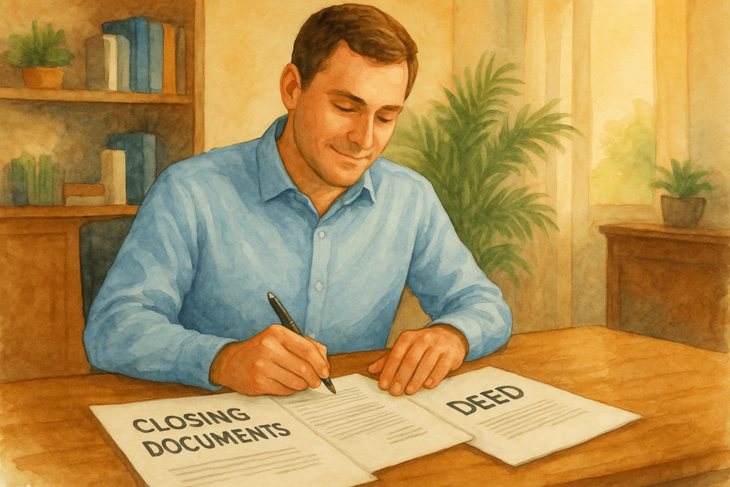 man signing closing documents to sell land