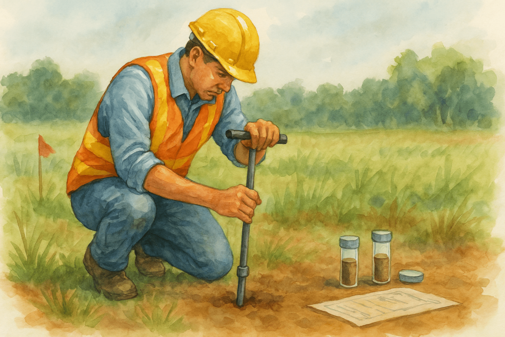 A person in a yellow safety helmet and orange vest kneeling to test soil samples in a grassy field, next to jars of soil and a land survey map.