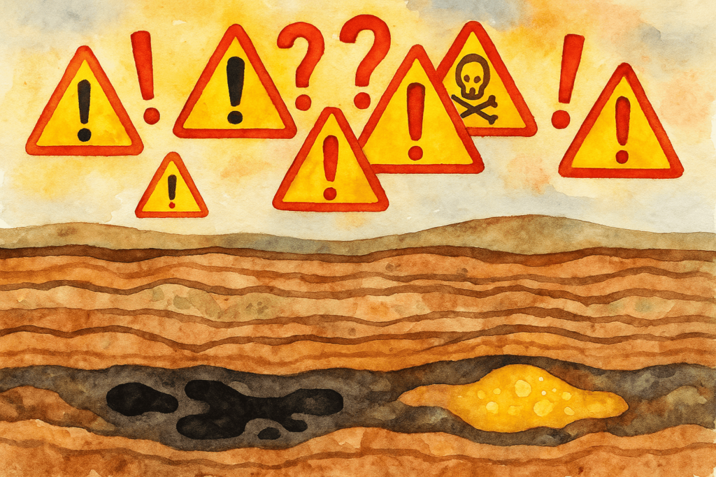 Caution signs floating above land with oil deposits shown below