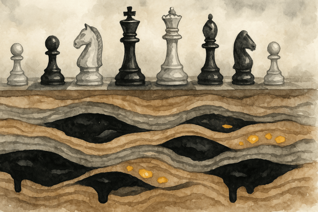 Chess pieces sitting on top of land with oil deposits shown underground