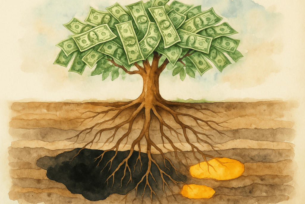 a tree with money for leaves that has roots extend below the land into an oil deposit