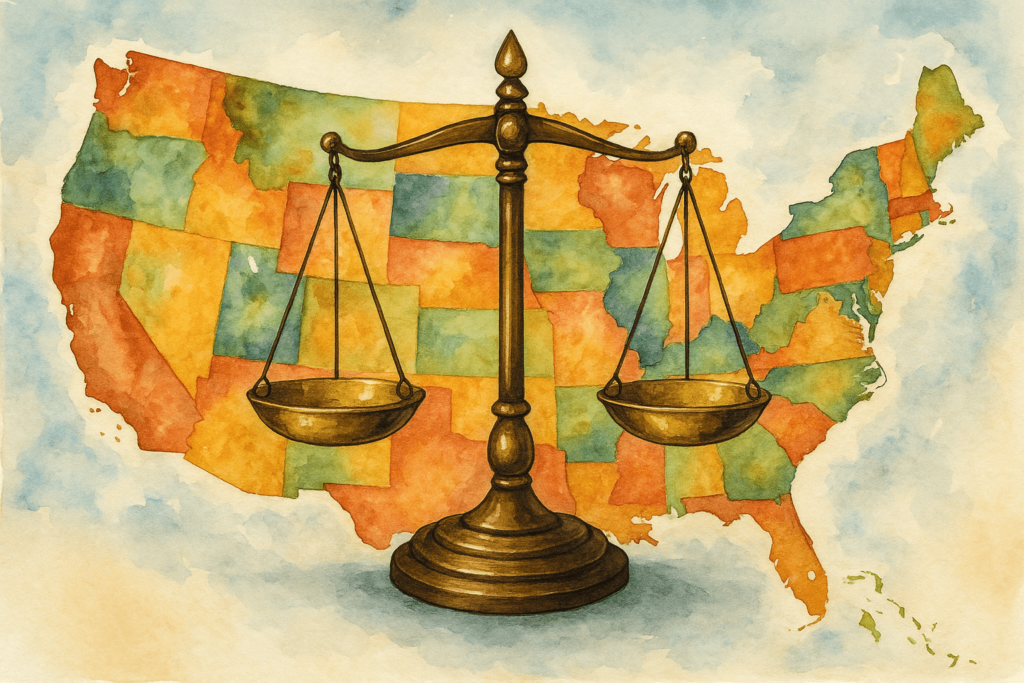 map of the USA with a balance scale to represent state guidelines for mineral rights